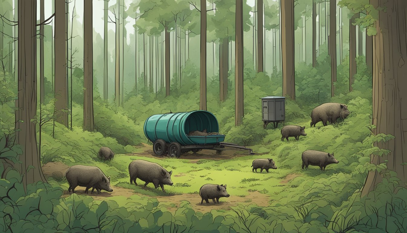 A dense forest clearing with a sturdy hog feeder filled with food. Surrounding habitat includes thick brush and muddy wallows