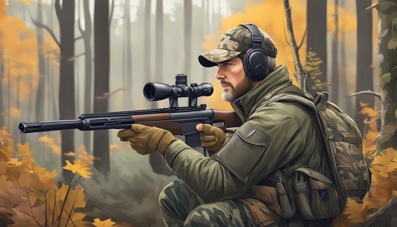 An illustration of a hunter wearing advanced ear protection while out in the woods, with a rifle and camouflage gear