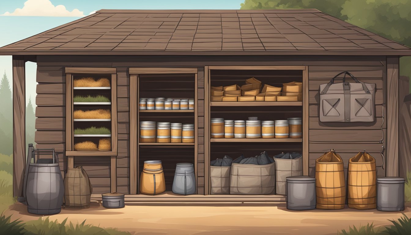 A rustic farm store with shelves of hog feed bags, hunting equipment, and hog feeders displayed outside