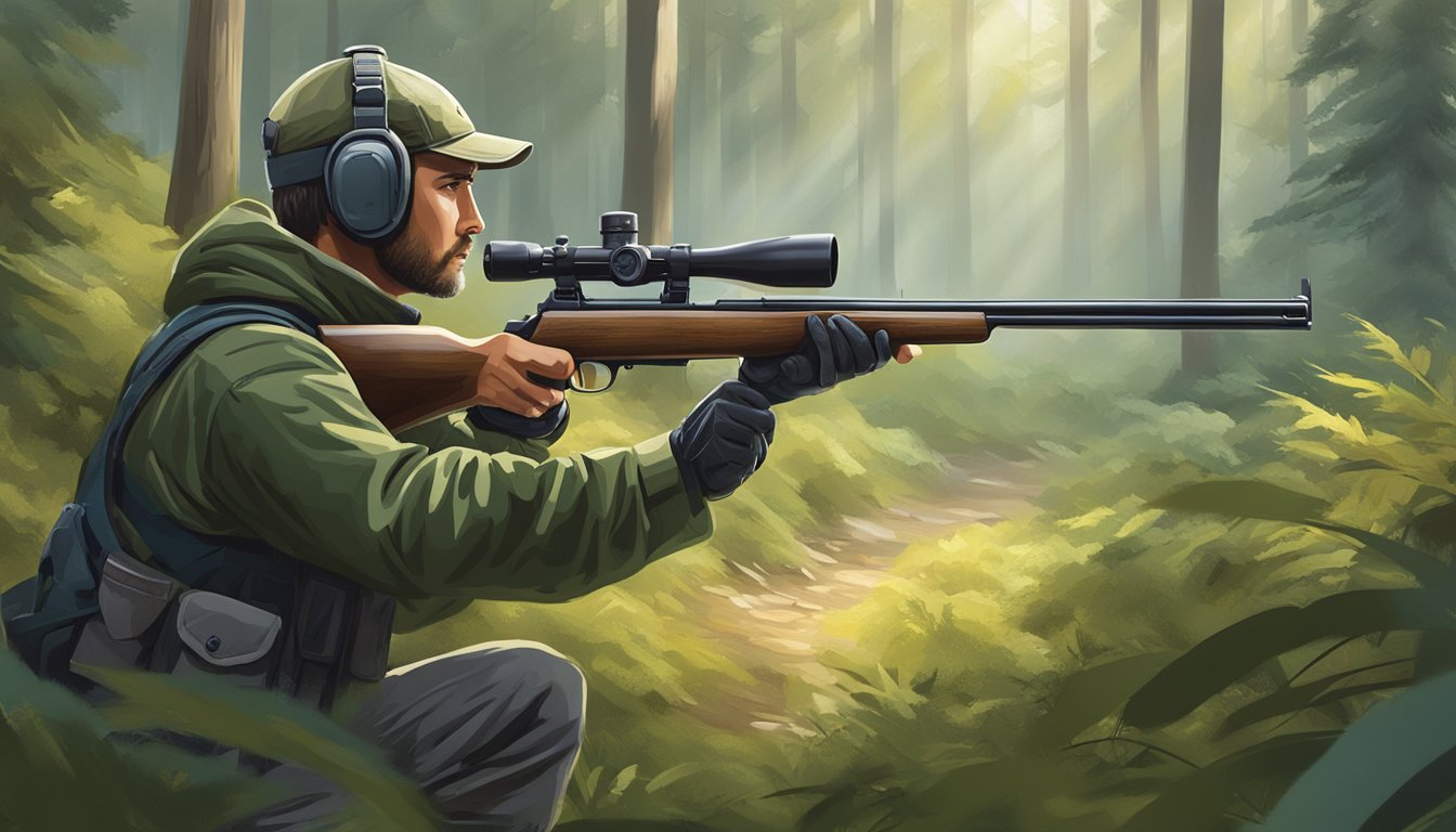 A hunter wearing ear protection while aiming a rifle in a forest clearing