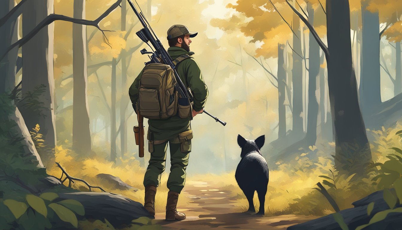 A hunter with a rifle and hunting gear stands in a wooded area, tracking a wild hog. The scene is set during the day with trees and foliage in the background