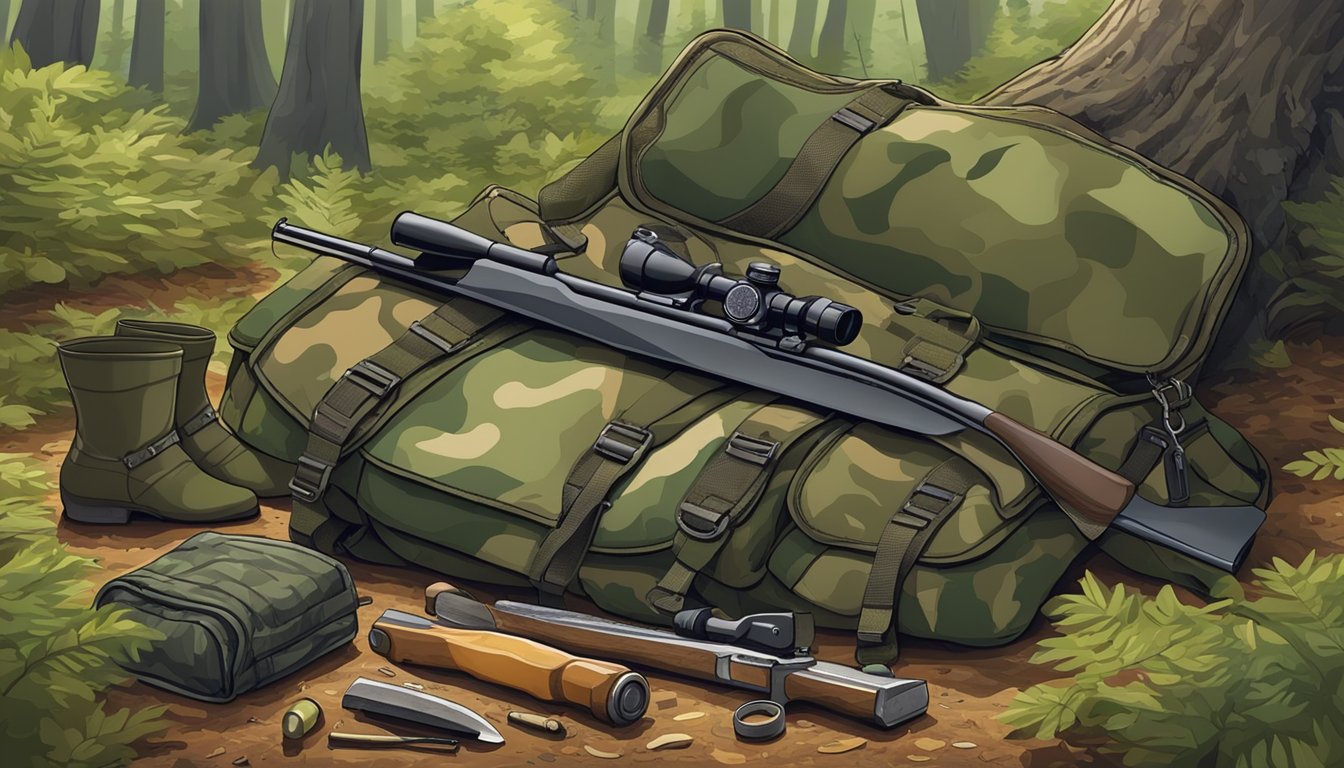 A hunter's backpack, rifle, camouflage clothing, and a hunting knife laid out on the ground in a forest clearing