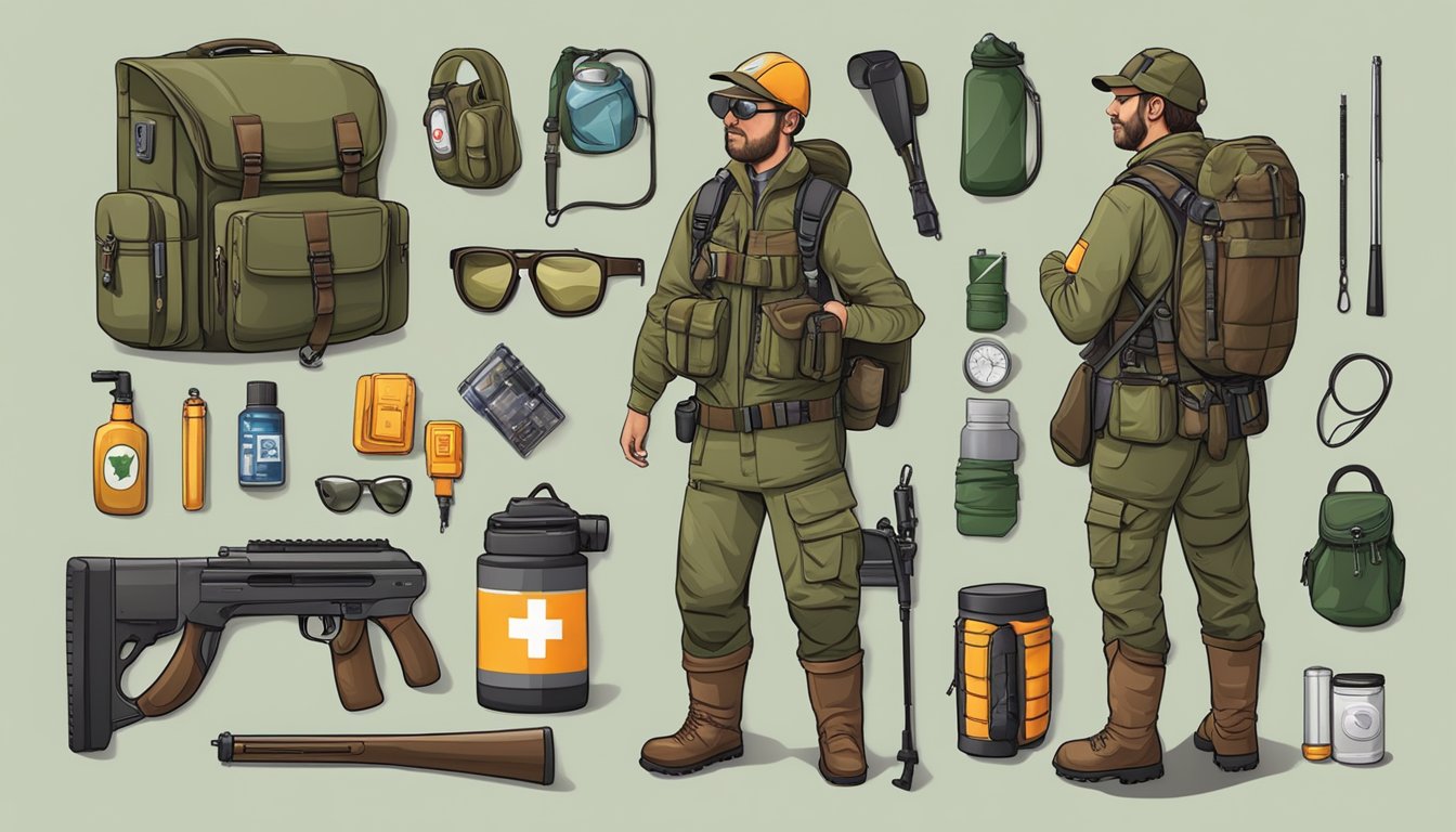 A hunter wearing protective gear, carrying a rifle and flashlight, surrounded by hunting essentials such as a first aid kit, GPS, and snake bite kit