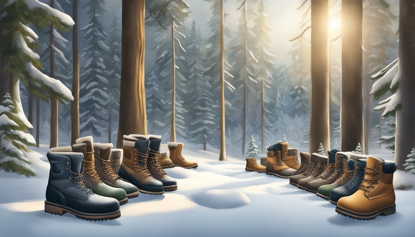 A snowy forest clearing with various brands and models of hunting boots arranged in a display, surrounded by tall evergreen trees and a light dusting of snow on the ground