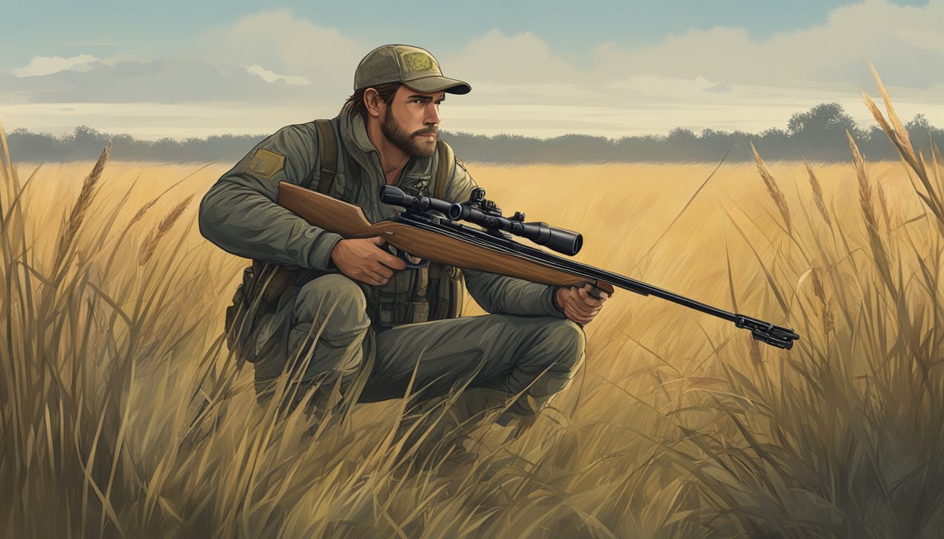 A lone hunter crouches in tall grass, holding a crossbow and scanning the horizon for signs of a wild hog