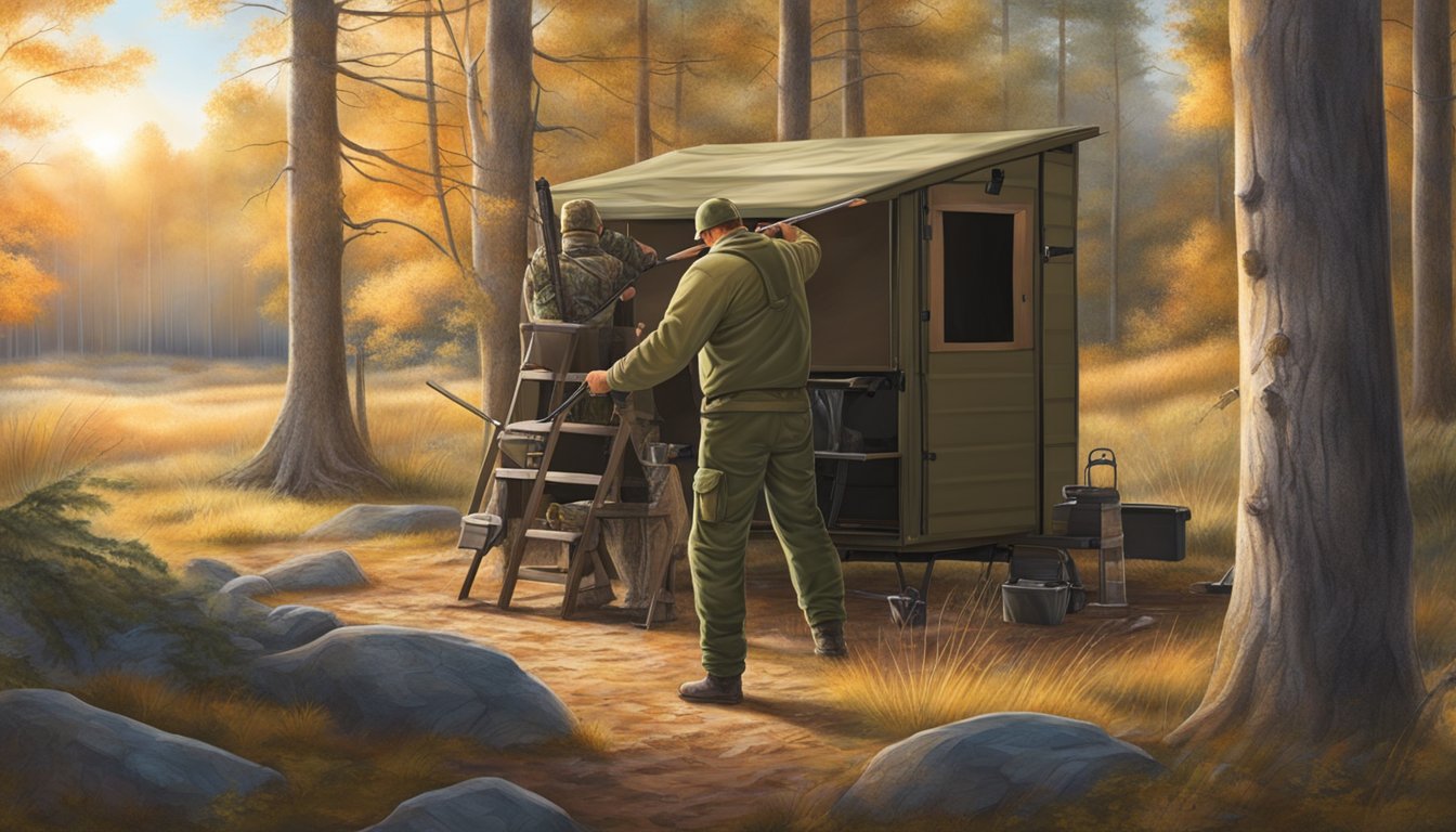 A hunter carefully maintains and cleans their hunting blind, surrounded by the peaceful wilderness and the early morning light filtering through the trees