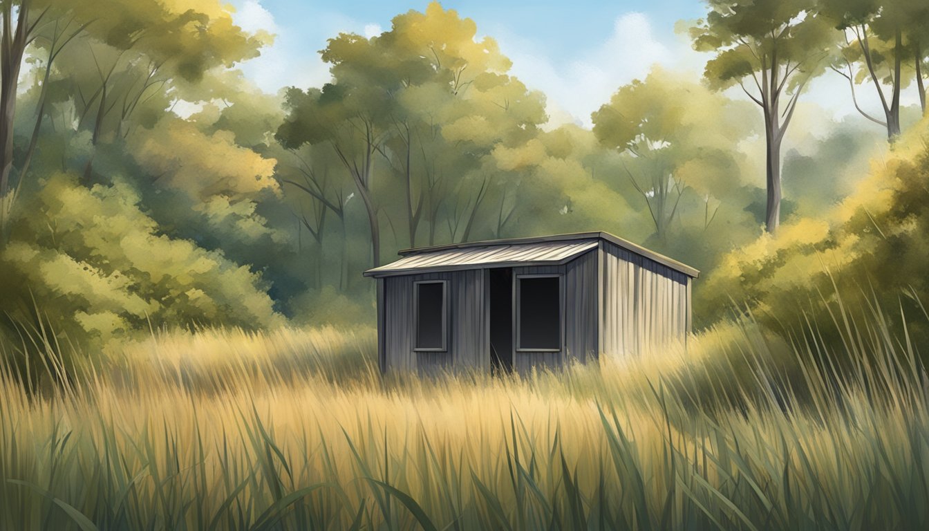 A hunting blind nestled in tall grass, surrounded by trees, with a clear view of the surrounding area