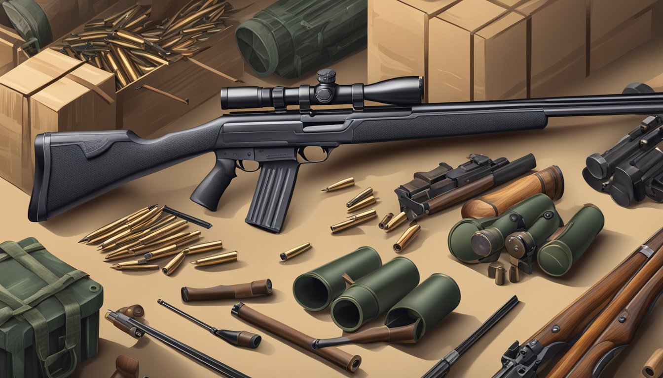 A shotgun, rifle, and crossbow lie on the ground surrounded by boxes of ammunition and hunting gear