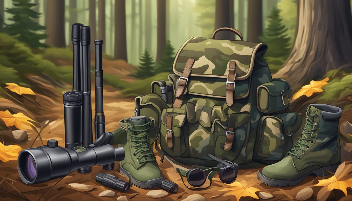 A camouflage backpack, hunting rifle, binoculars, and a pair of sturdy boots laid out on a forest floor