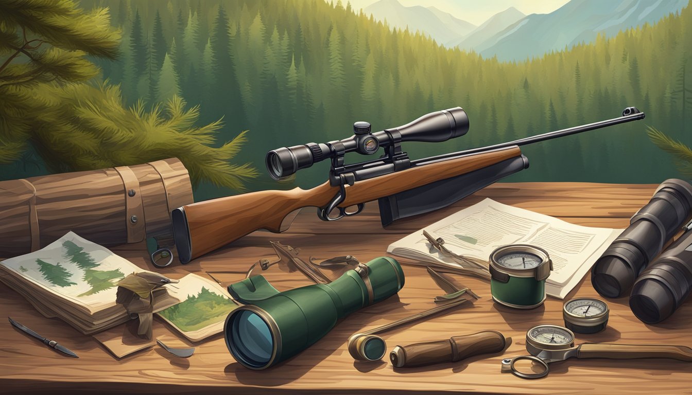 A hunting scene with a rifle, binoculars, a compass, and a hunting knife laid out on a wooden table in a forest clearing