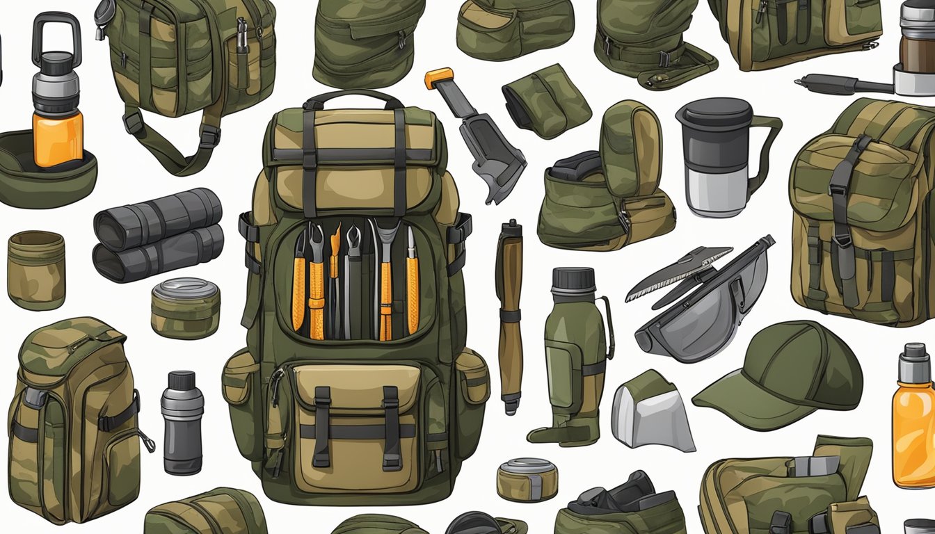 A hunter's backpack filled with gear for specific games and hunts, including camouflage, pockets, and compartments for various tools and supplies