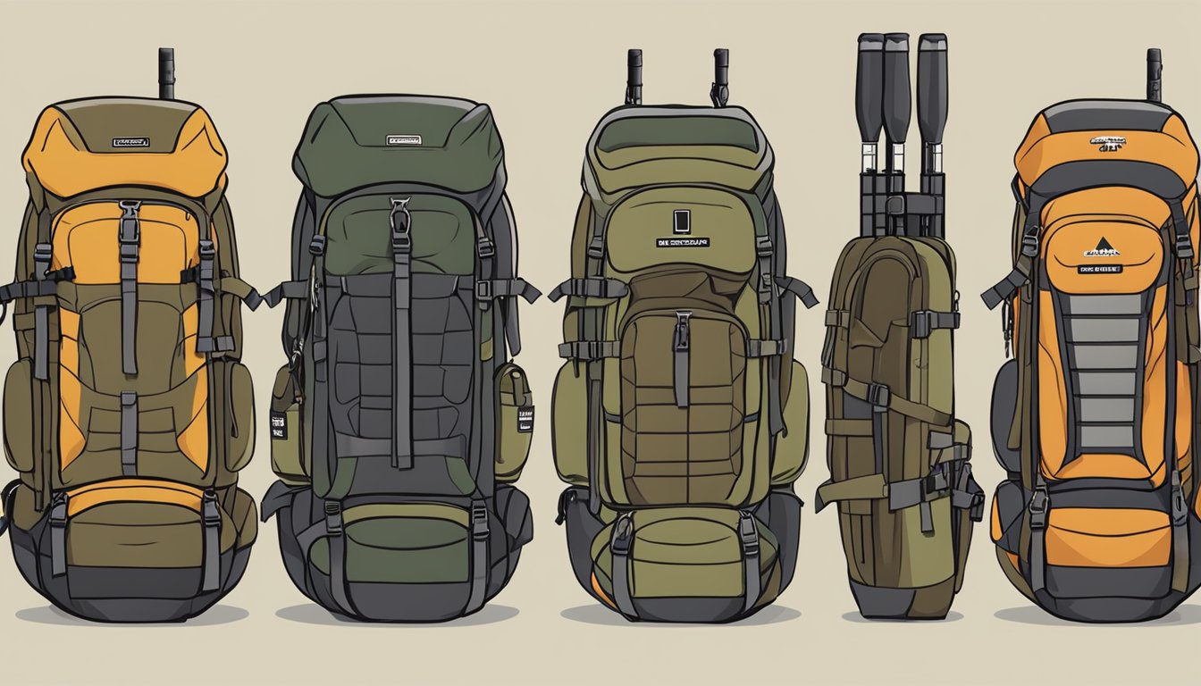 A variety of hunting backpacks displayed with price tags and labeled with budget-friendly options