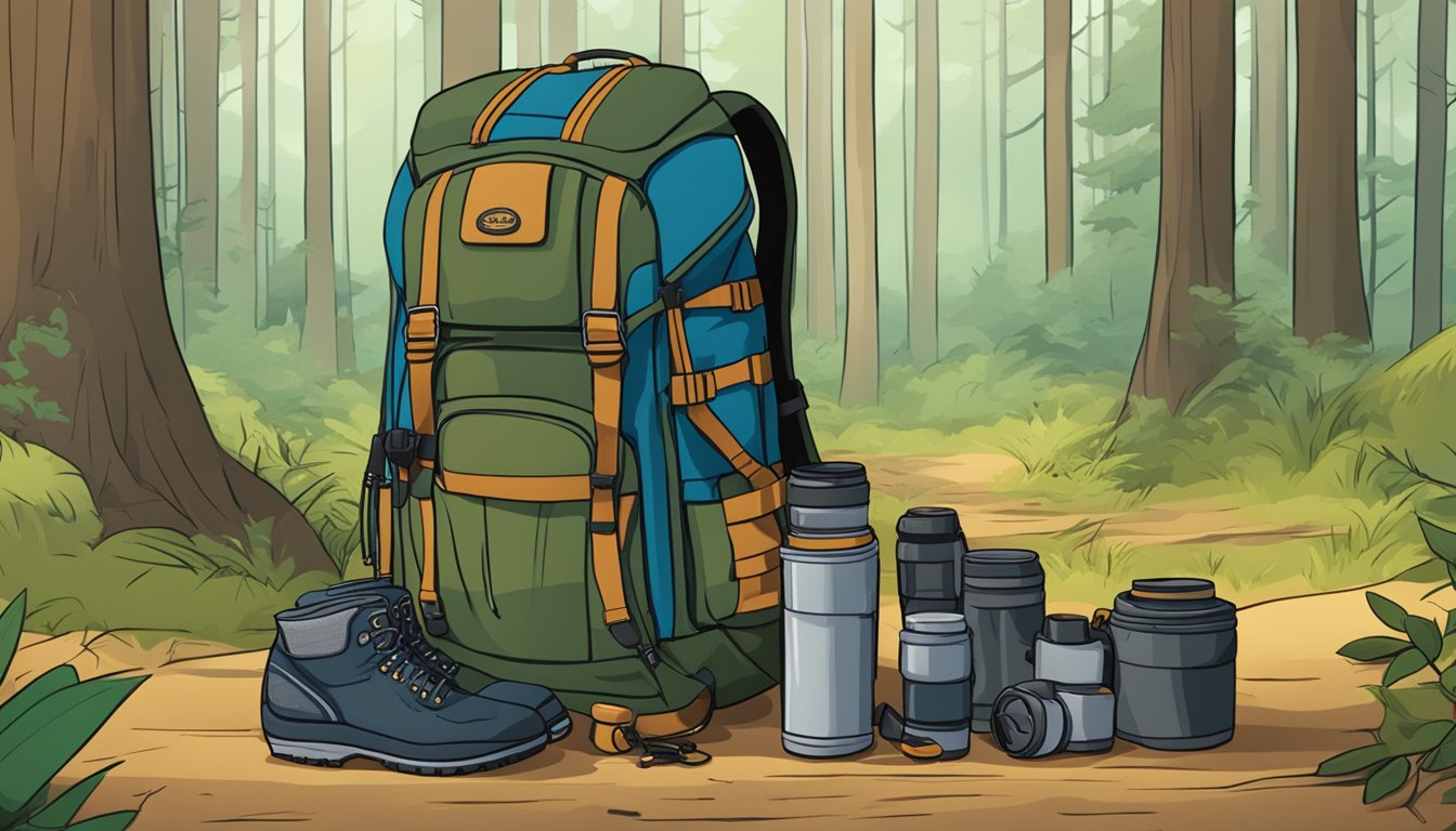 A hunter's backpack filled with gear, alongside lightweight options, sits against a tree in a forest clearing