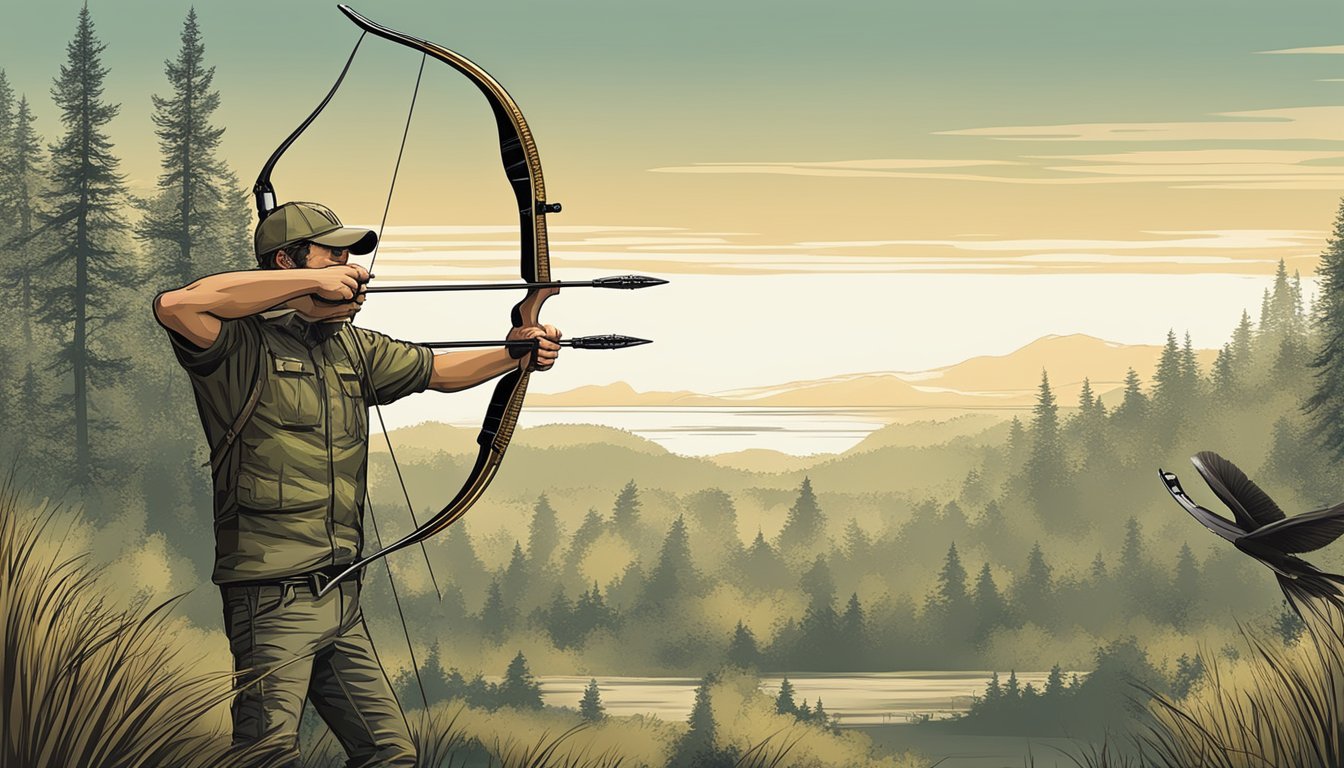 A hunting bow with high-performance features, set against a natural backdrop with trees and wildlife