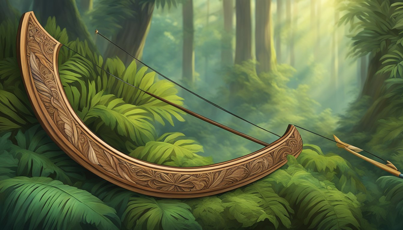 A sturdy wooden bow with taut sinew string, adorned with intricate carvings and feathers, rests against a backdrop of lush forest foliage