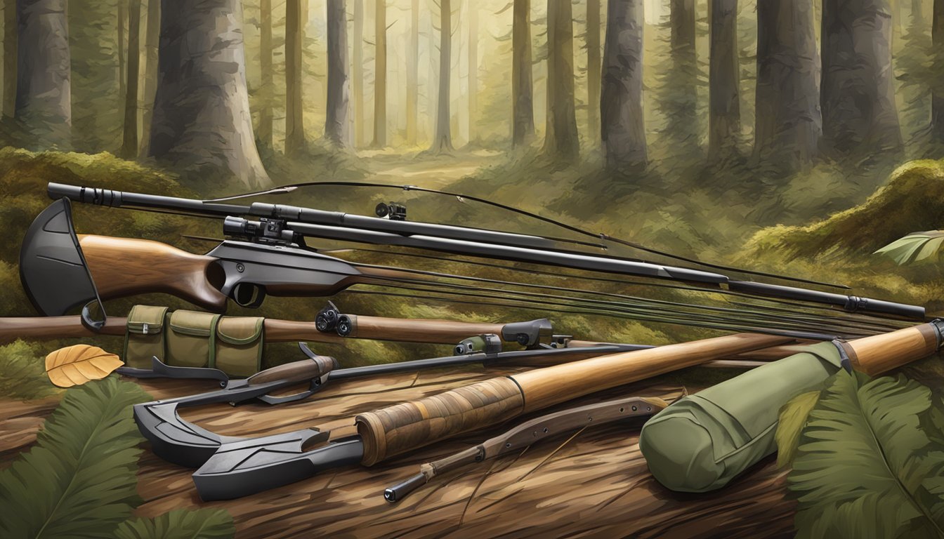 A hunting bow, arrows, quiver, and camouflage gear laid out in a natural woodland setting