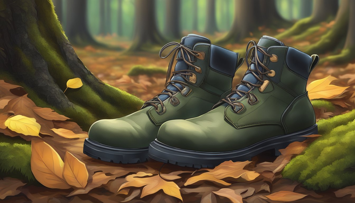 A pair of specialized hunting boots resting on a mossy forest floor, surrounded by fallen leaves and the dappled light of the woodland