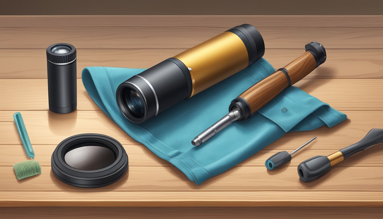 A monocular resting on a wooden table, surrounded by a lens cleaning cloth, a small screwdriver, and a protective case