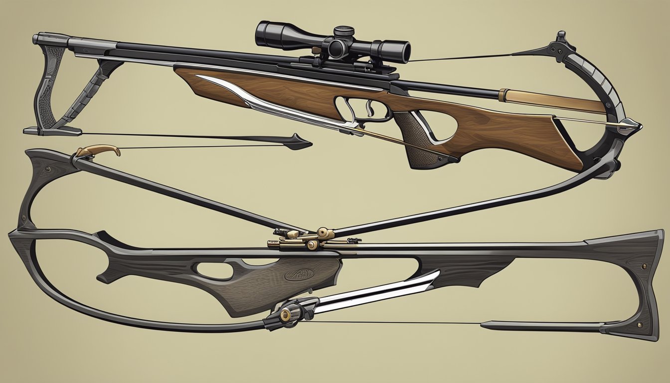 A series of crossbows, from ancient to modern, displayed in a chronological order, showcasing the evolution of crossbow technology for hunting