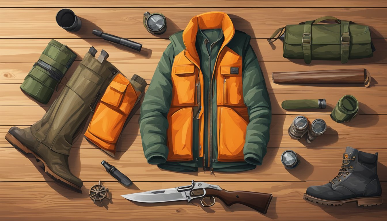 A camouflage jacket, orange vest, and sturdy boots lay on a wooden table, surrounded by a rifle, binoculars, and a hunting knife