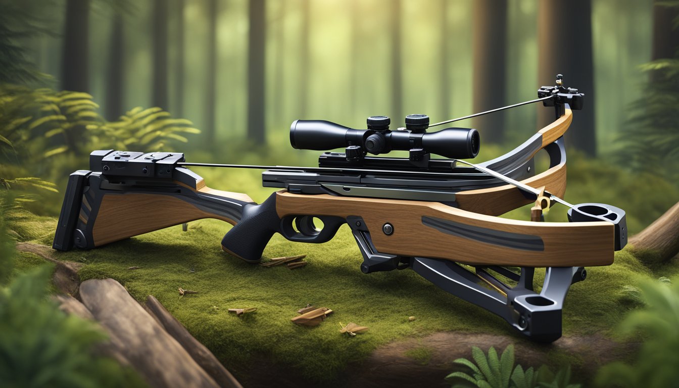 A crossbow aimed at a target in a forest clearing, surrounded by various bolts and arrows of different sizes and materials