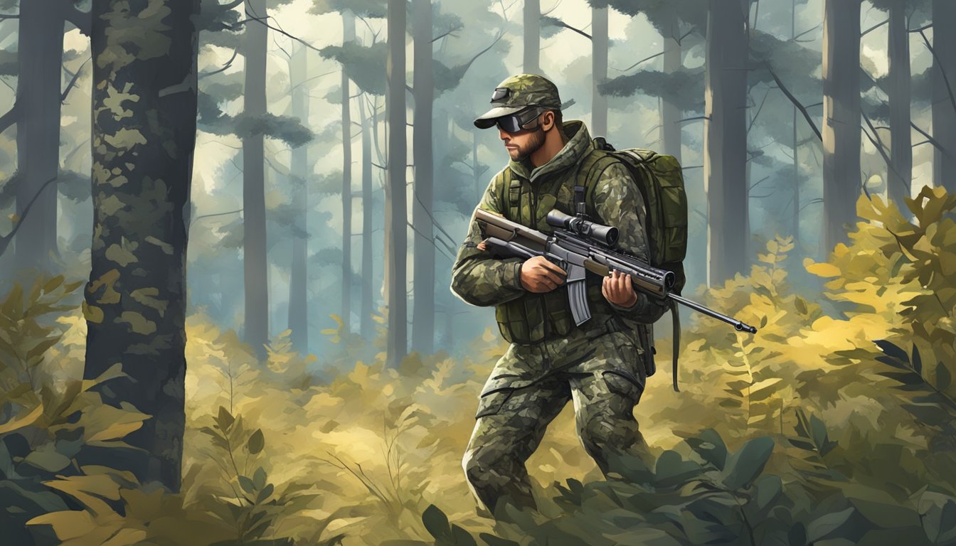 A hunter wearing advanced camouflage clothing blends into the forest, equipped with high-tech gear for tracking and hunting prey