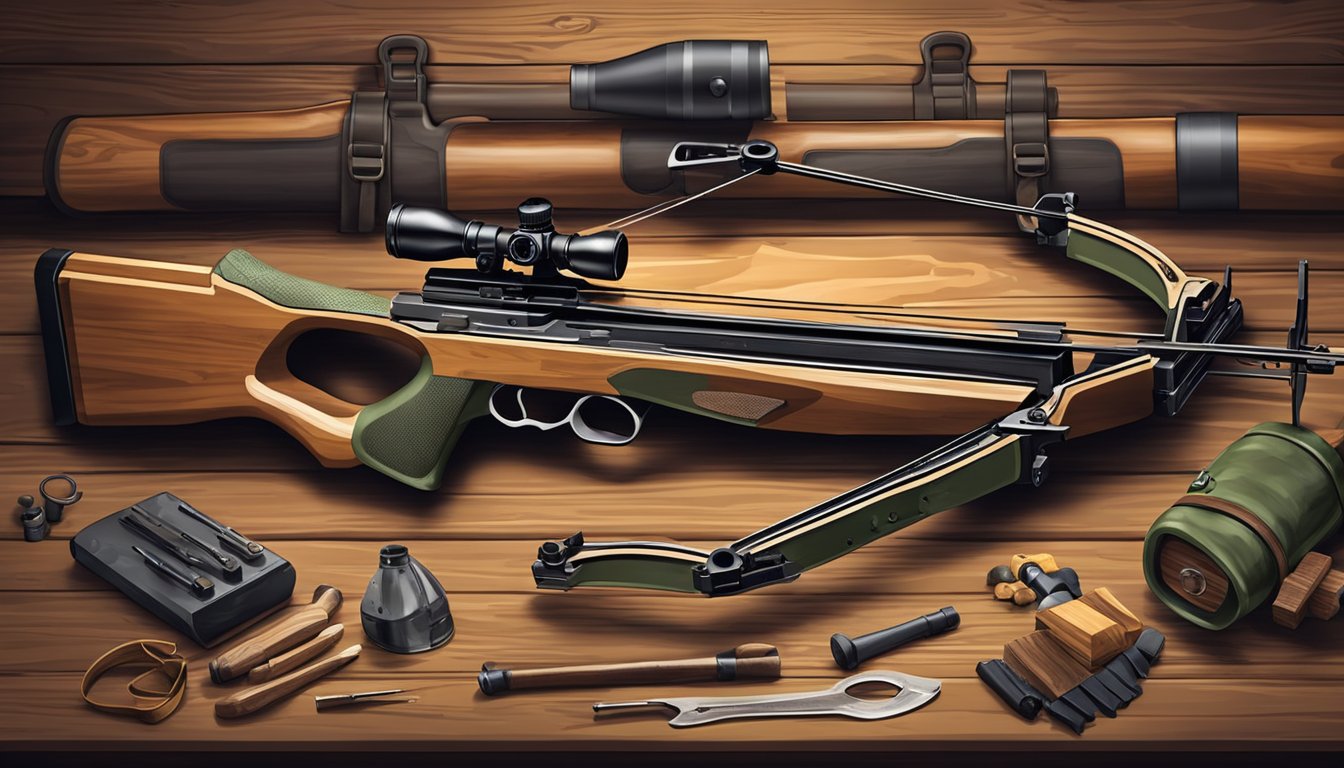 A hunting crossbow with core components and accessories laid out on a wooden table in a rustic cabin