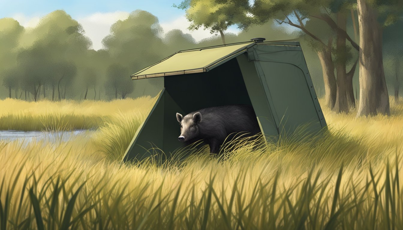 A hunter's blind nestled in the tall grass, surrounded by trees. A feeder and salt lick are nearby, attracting hogs for a successful hunt