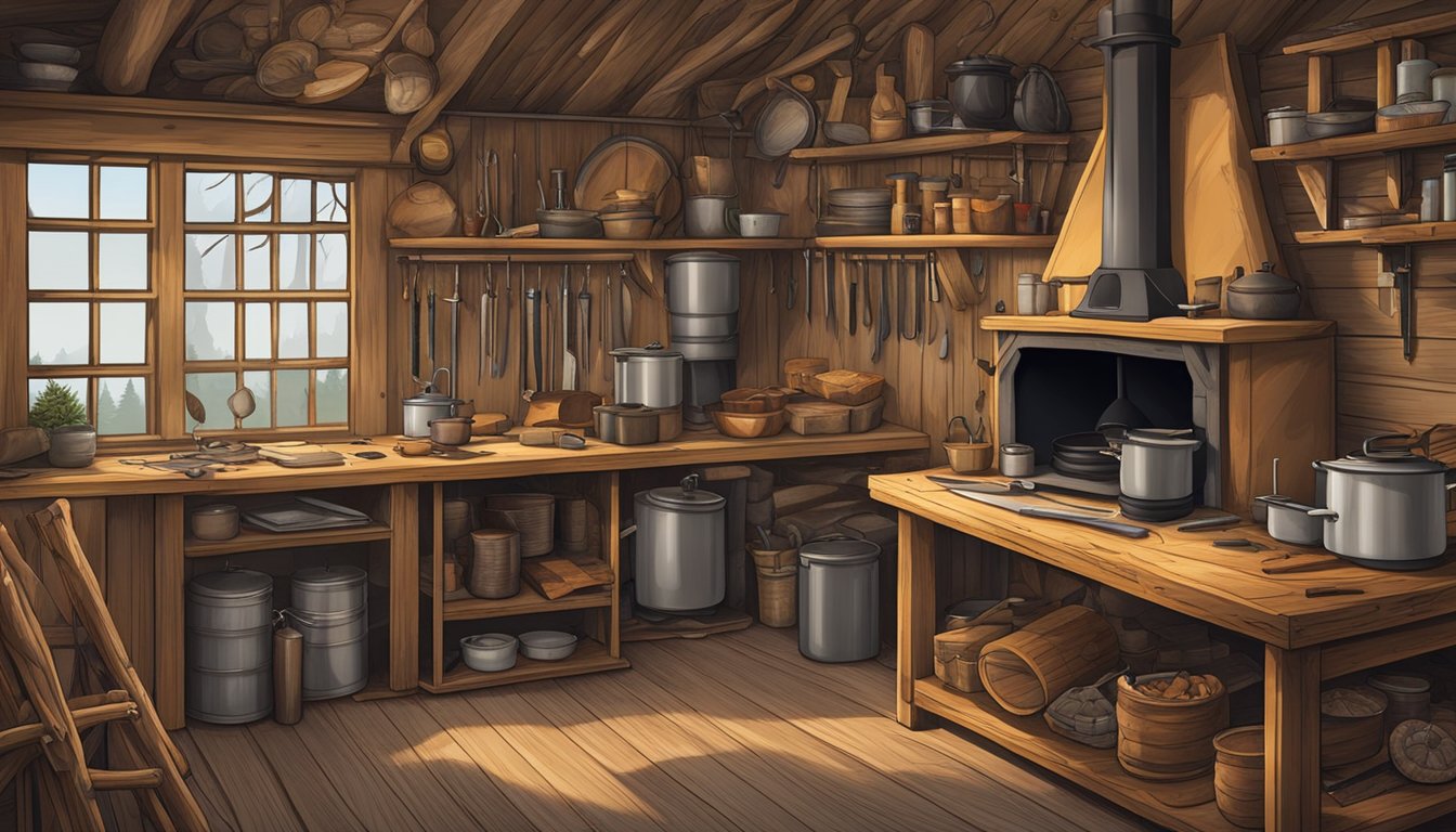 A hunter's cabin with a wood-burning stove, hunting gear, and a large processing table with knives and butchering equipment