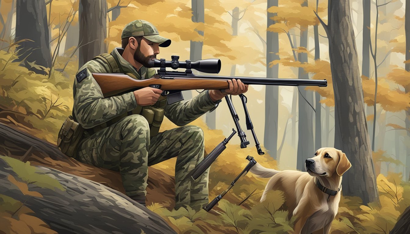 A hunter's rifle, camouflage gear, and hunting dog in a wooded area