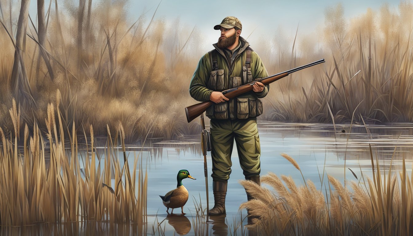 A hunter stands in a marsh with a shotgun, camouflage gear, waders, and a duck call, surrounded by cattails and a duck decoy spread