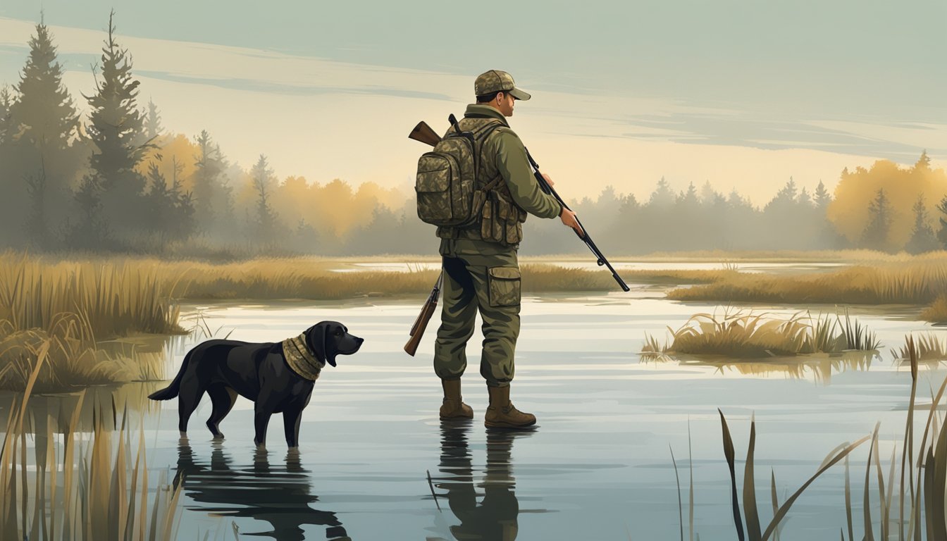 A hunter stands in a marsh, wearing camouflage gear and holding a shotgun. Decoys are scattered in the water, and a hunting dog waits nearby