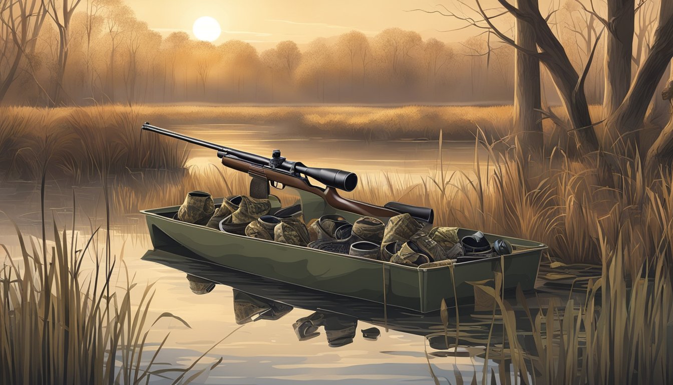 A duck hunter's gear: shotgun, camouflage clothing, waders, decoys, duck calls, and a hunting blind set up by a marshy pond at dawn