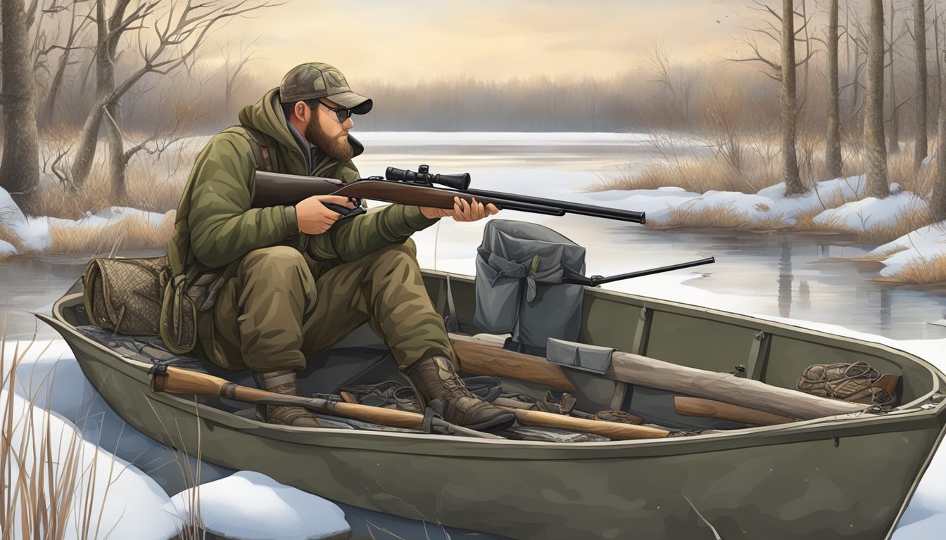 A hunter sits in a camouflaged blind, surrounded by essential gear including a sturdy boat, decoys, a shotgun, and warm clothing