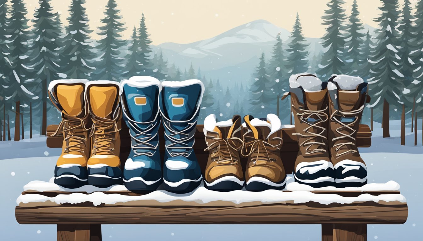 A snowy forest trail with various snowshoeing boots lined up on a rustic wooden bench