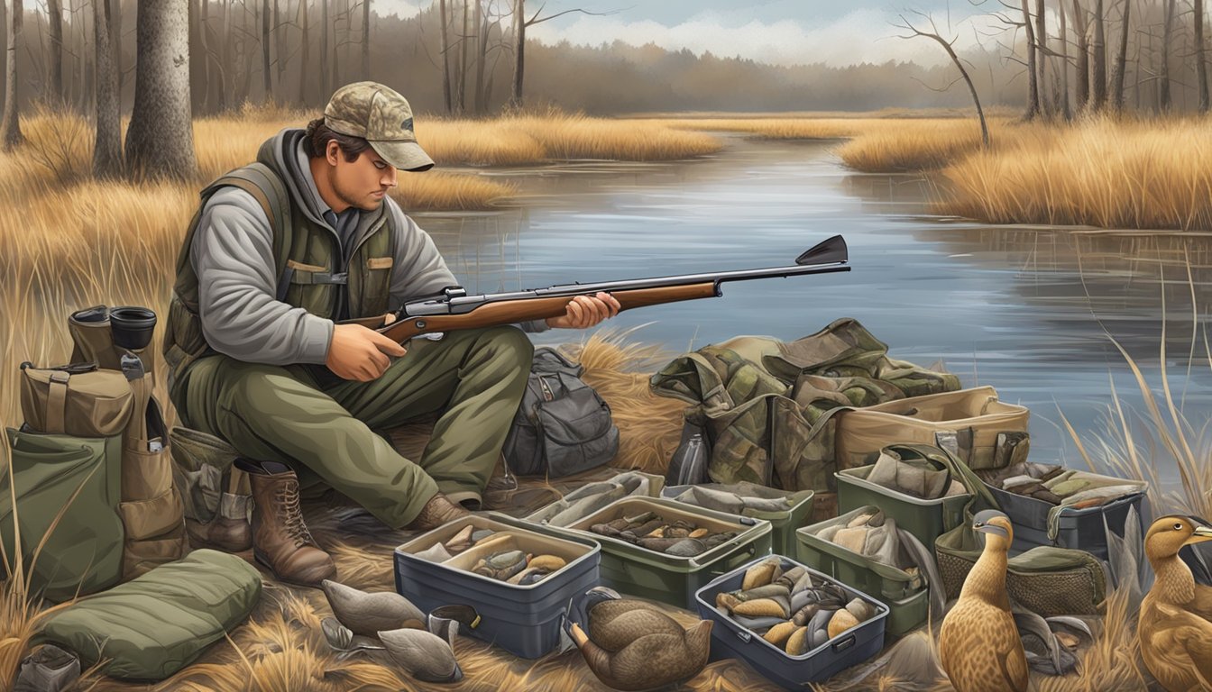 A hunter lays out and packs duck hunting gear, including decoys, shotgun, waders, and camouflage clothing