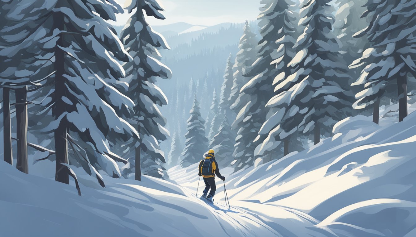 A person wearing specialized snowshoeing boots navigating through deep snow in a serene, snowy forest