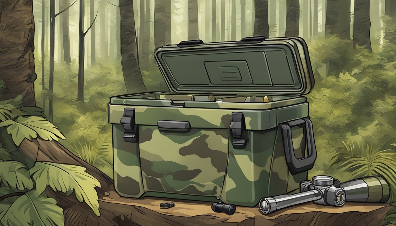 A rugged, camouflage-patterned cooler sits in a forest clearing, surrounded by hunting gear and a pair of binoculars