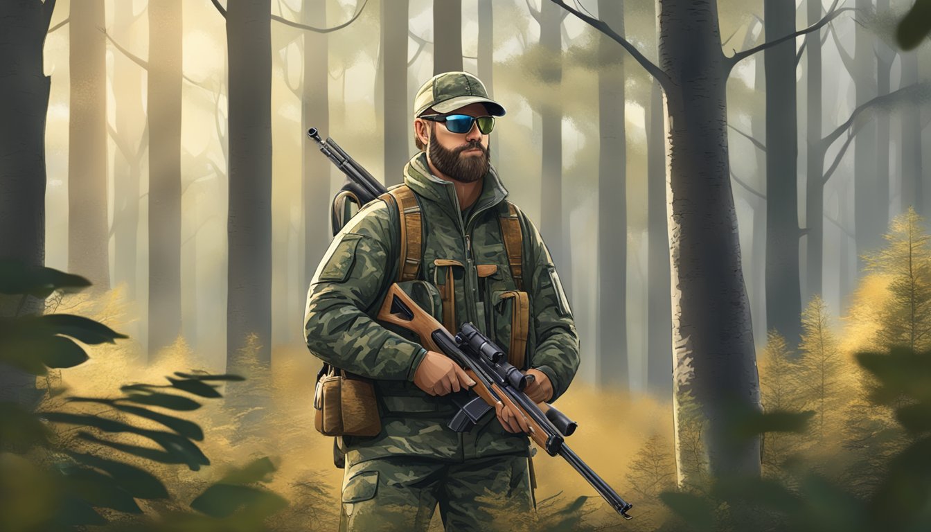 A hunter wearing camouflage gear with integrated eye protection, holding a rifle and standing in a forest clearing