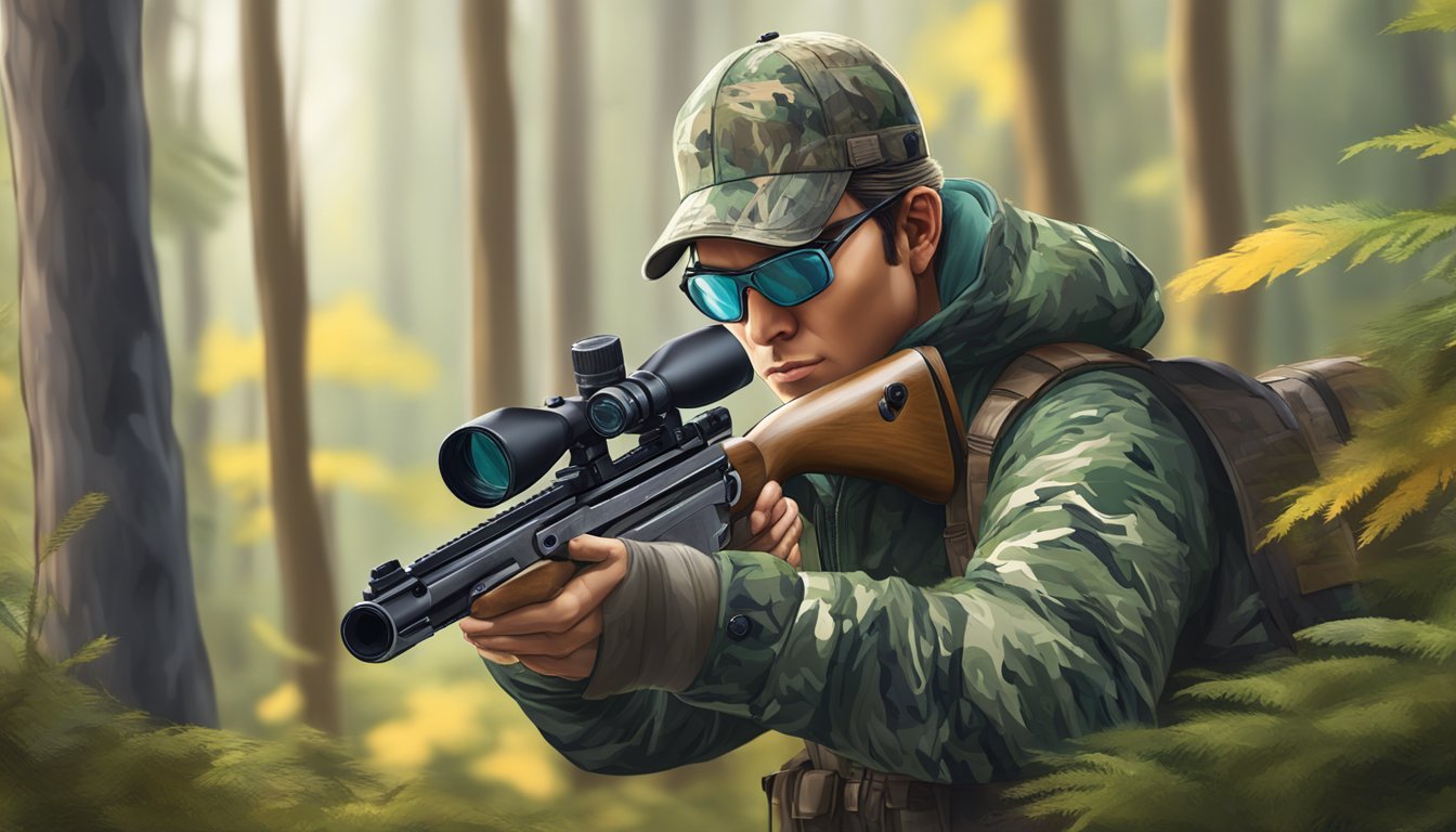 A hunter wearing camo gear and aiming a rifle while wearing protective glasses in a forest setting