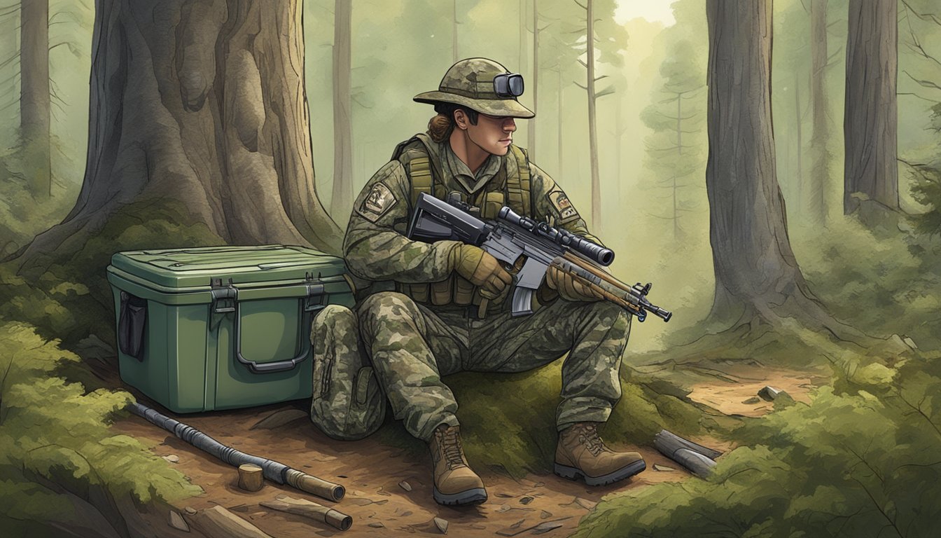 A camouflaged cooler sitting in a forest clearing, surrounded by hunting gear and a rifle leaning against a tree