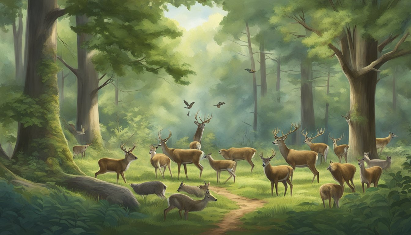 A lush forest clearing with multiple game feeders surrounded by wildlife. Bird feeders hang from trees, while deer and other animals gather around the feeding stations