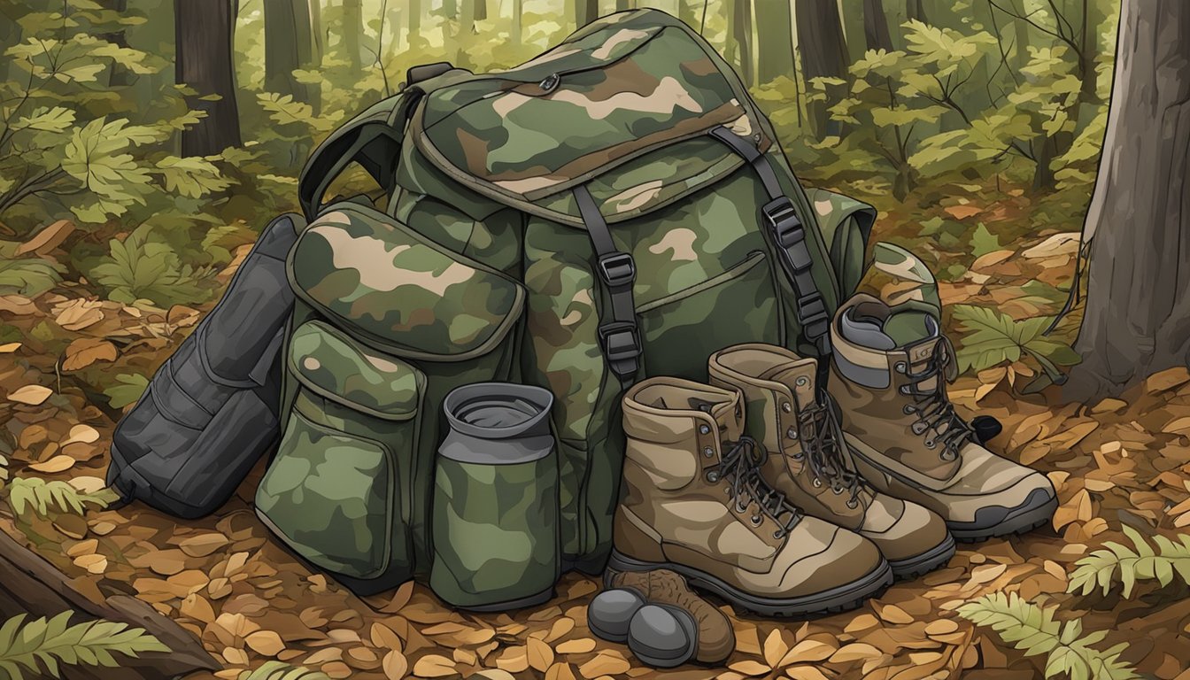 A hunter's backpack filled with camouflage clothing, boots, gloves, and a hat, laid out on the forest floor