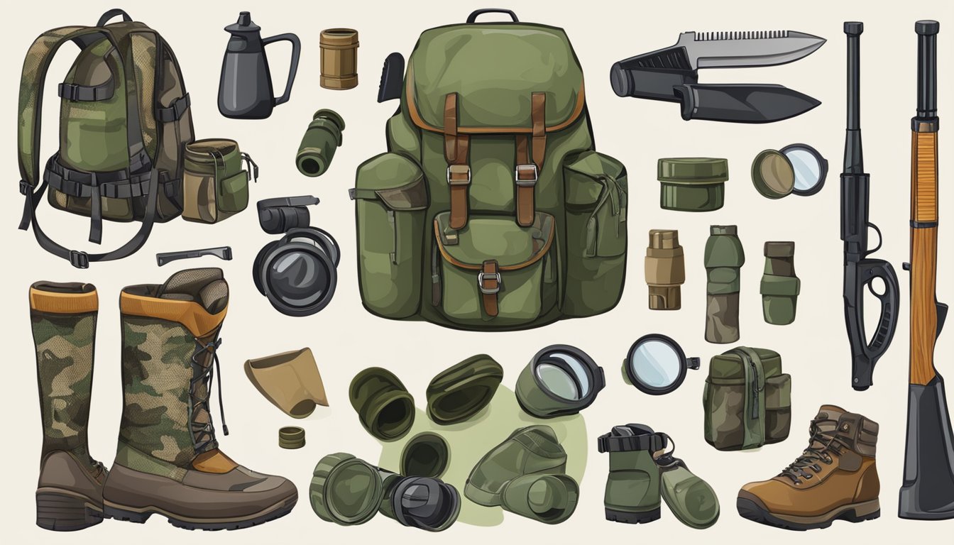 A hunter's gear laid out: camo clothing, boots, binoculars, rifle, backpack, and hunting knife