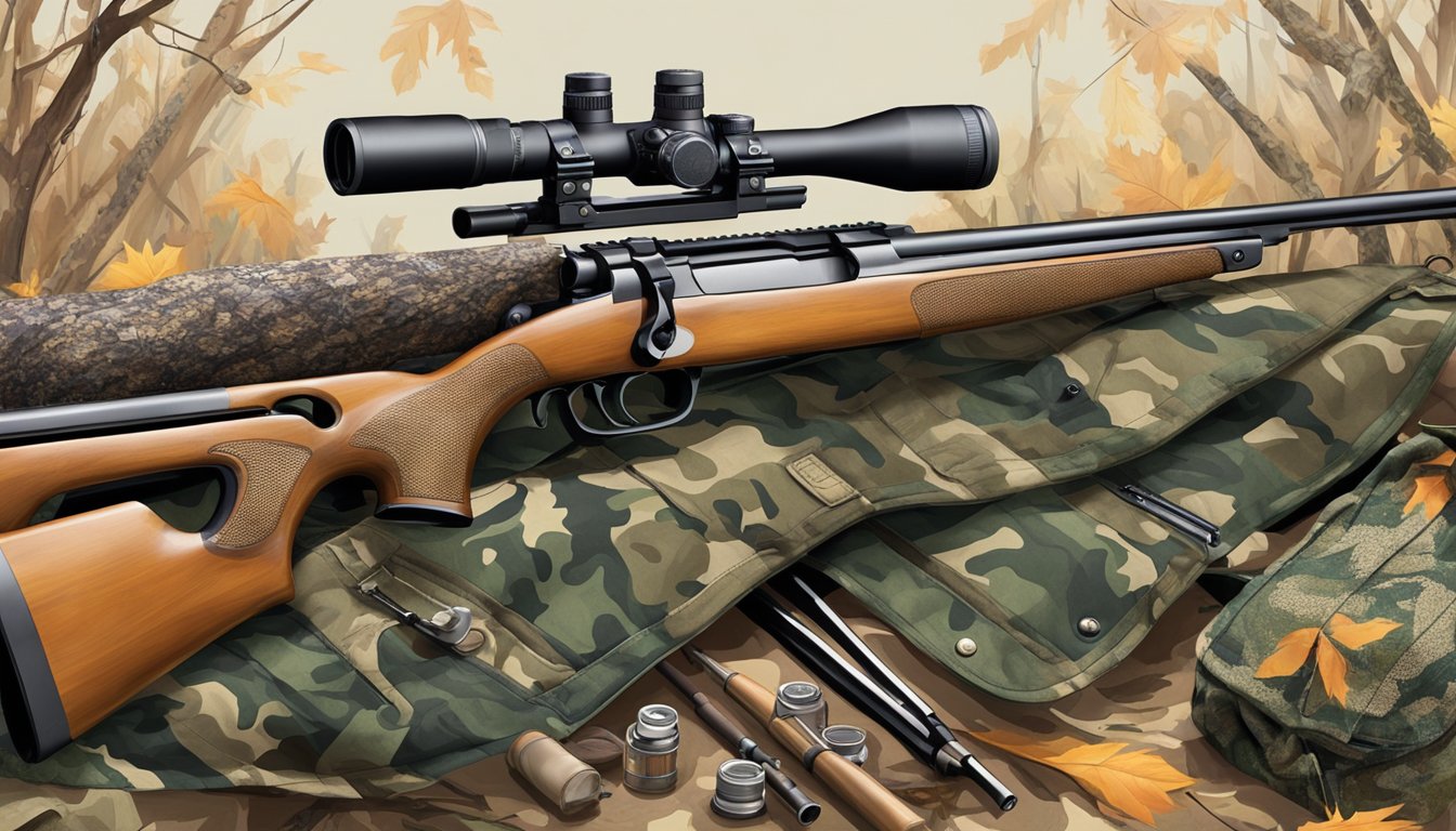 A hunting rifle, shotgun, and bow lay against a backdrop of camouflage gear, including jackets, pants, and boots