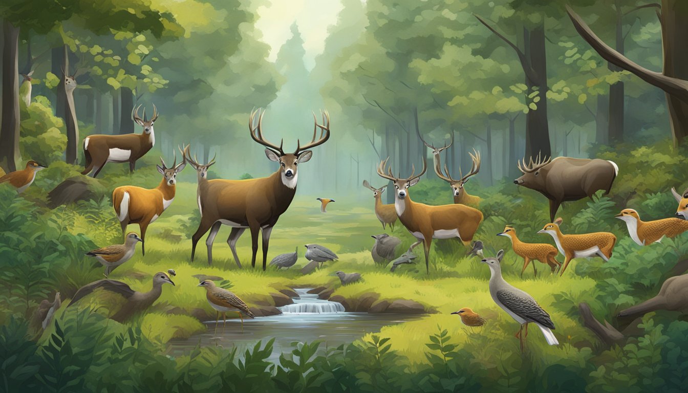 A lush forest clearing with multiple game feeders surrounded by diverse wildlife