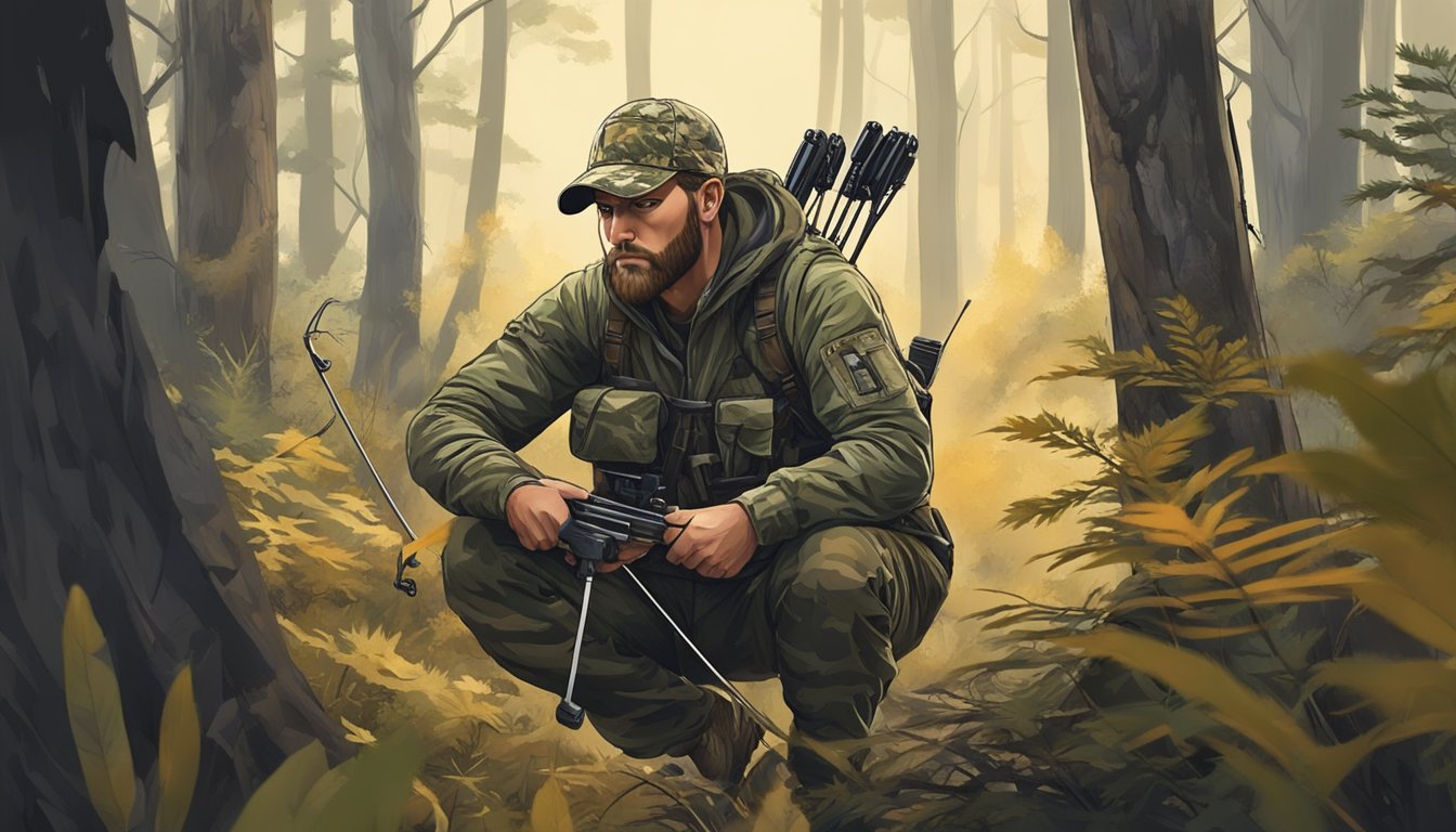 A hunter in full camo crouches behind a brush, using a compound bow to silently stalk their prey through the dense forest