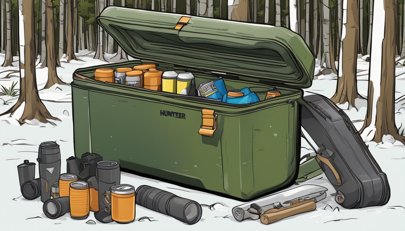 A hunter's cooler sits open in a forest clearing, surrounded by scattered game and hunting gear. The cooler shows signs of regular use and proper maintenance