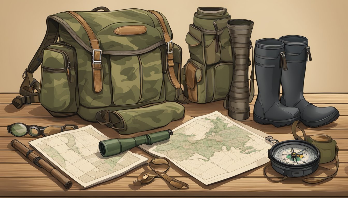 A camouflage backpack, rifle, binoculars, and hunting boots laid out on a wooden table. A map and compass sit nearby