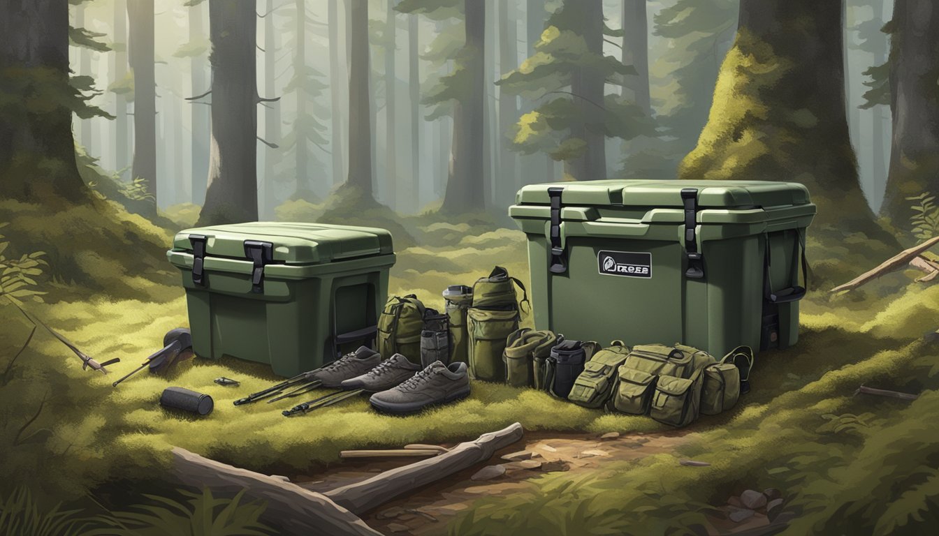 A rugged, camouflaged cooler sits atop a mossy forest floor, surrounded by hunting gear and a freshly harvested deer